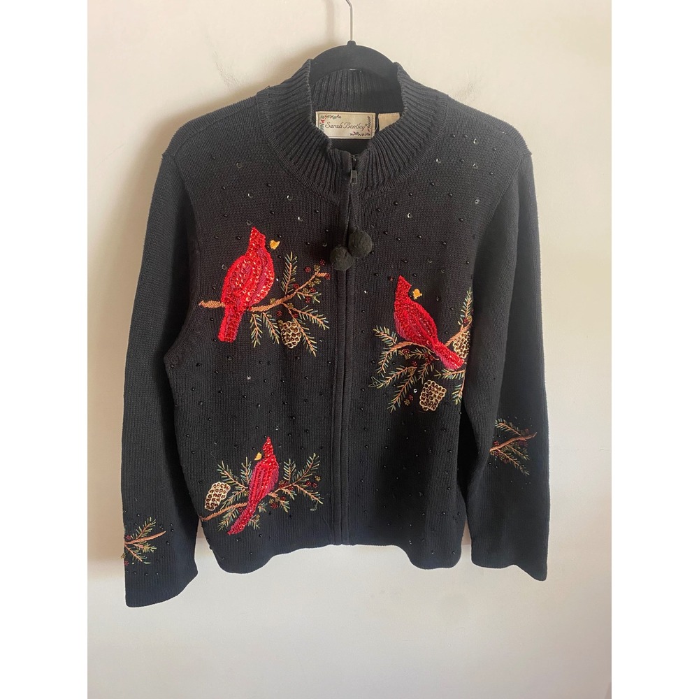 Sarah‎ Bentley Womens XL Black Cardinal Sequin Beaded Zip Front Cardigan Sweater